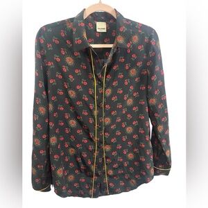 Baldwin Kansas City Rose Print Blouse | Black Gold Trim Button Down | S/M
